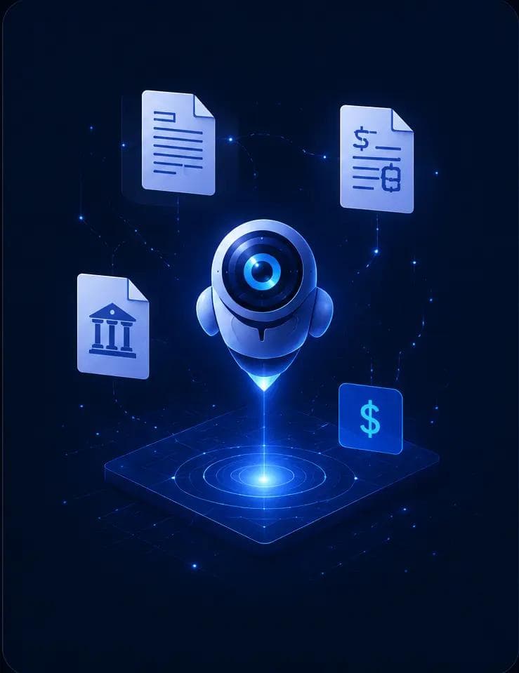 Digital accounting automation platform visualized as an AI assistant processing invoices, bank statements, and financial documents through a centralized automated workflow.